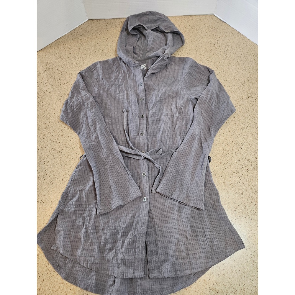Columbia Womens XS Grey Grid Hooded Button Down Tie Waist Tunic AL7996
